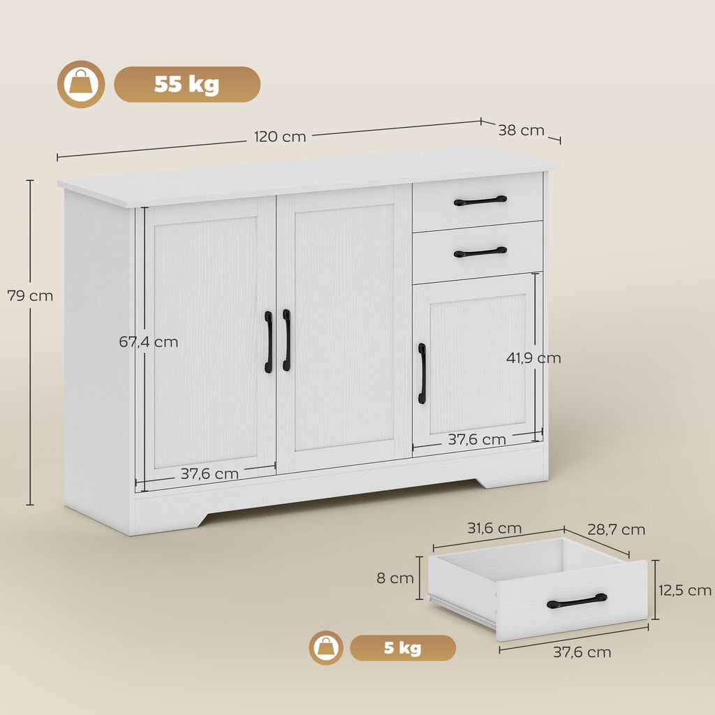 Buffet, meuble de rangement avec 3 portes, 2 tiroirs et étagère réglable, 120 x 38 x 79 cm, blanc-2