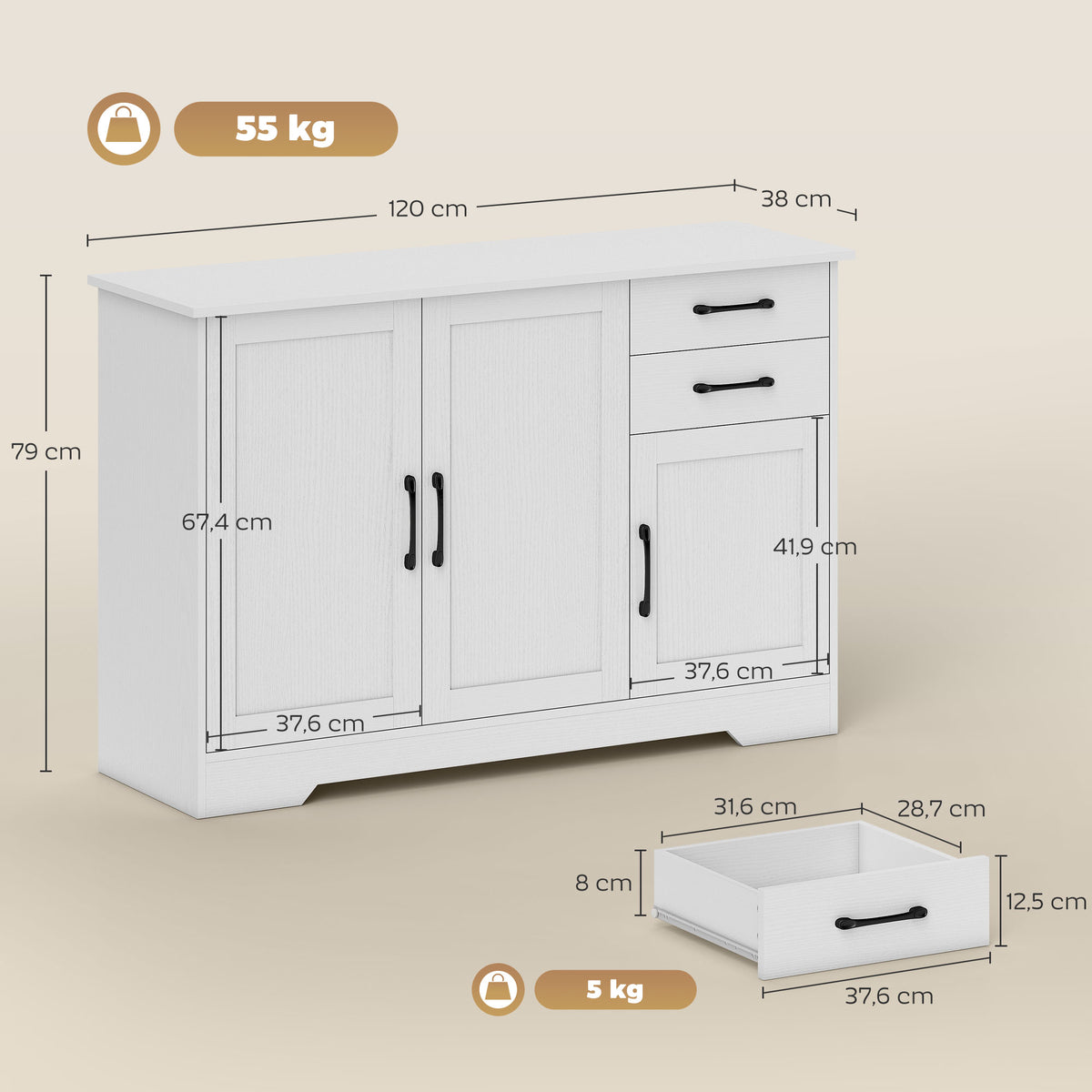 Buffet, meuble de rangement avec 3 portes, 2 tiroirs et étagère réglable, 120 x 38 x 79 cm, blanc-2