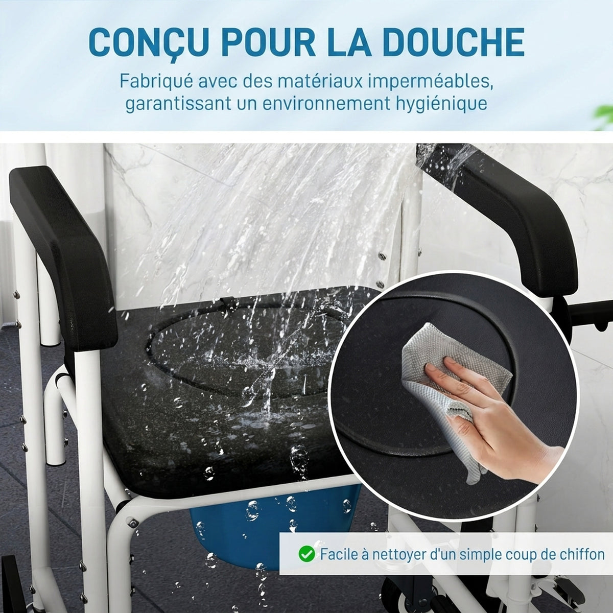Chaise percée adulte à roulettes, chaise percée de douche avec repose-pieds, dossier et accoudoirs, 53x97x97cm, noir-4