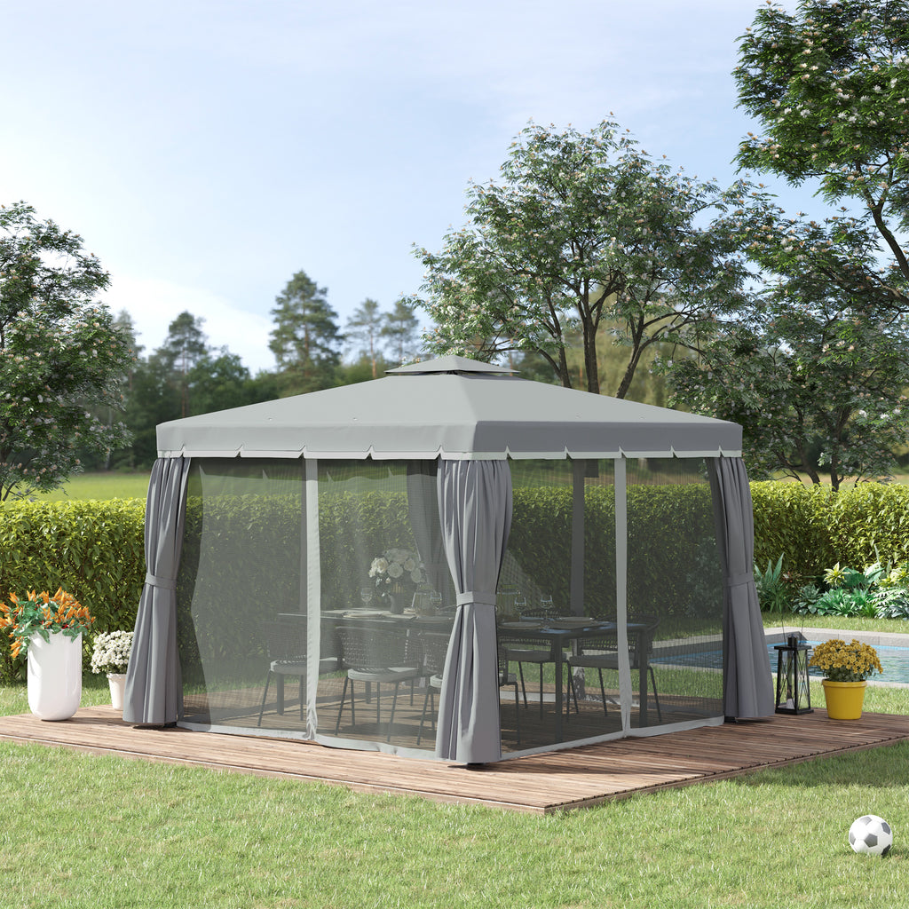 Tonnelle de jardin extérieur 3 x 3 m, barnum avec toit double, rideaux et moustiquaire, cadre en aluminium, gris foncé-1