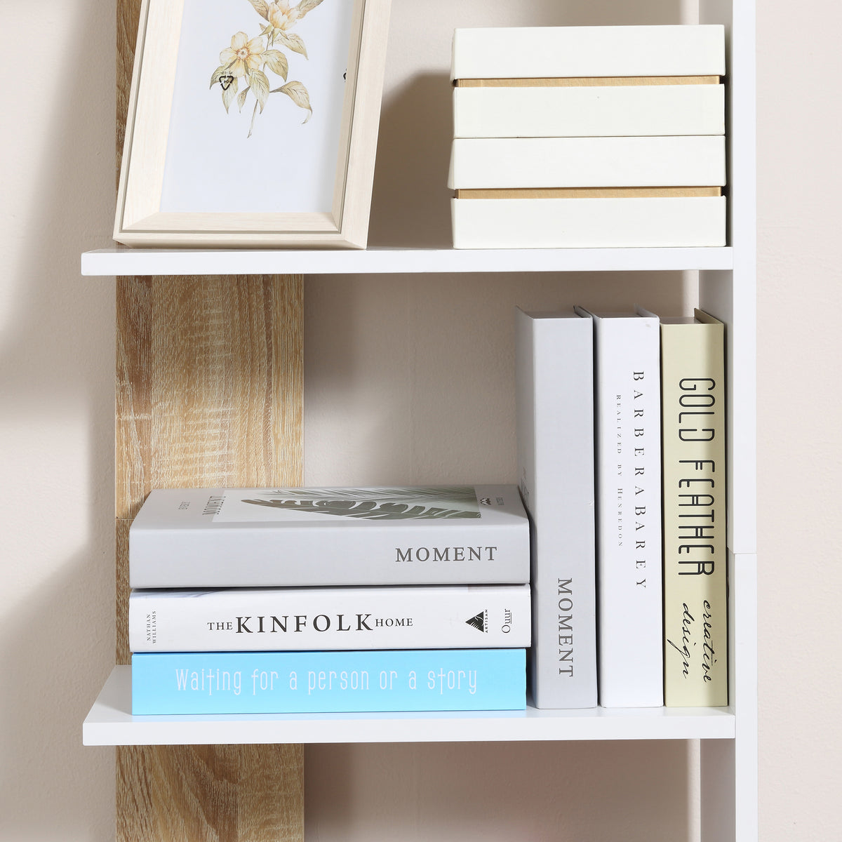 Bibliothèque Étagère de Rangement avec 5 Compartiments Ouverts Design Simple Moderne Blanc et Chêne-9