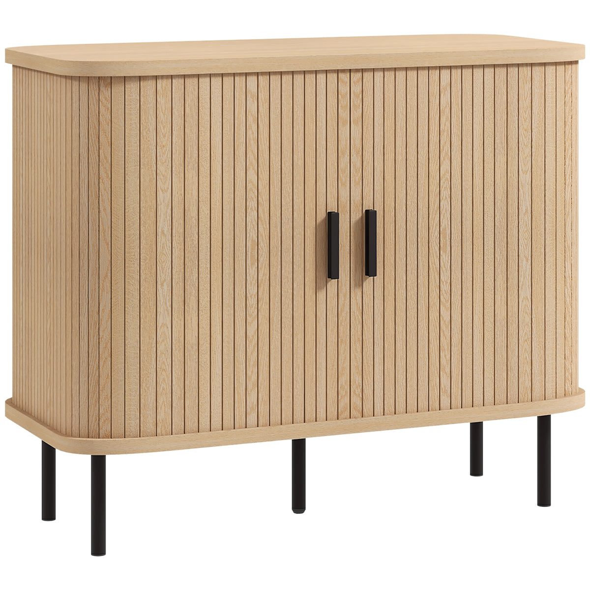 Buffet meuble de rangement avec portes coulissantes à lattes, armoire de cuisine avec pieds en acier, ton chêne-0