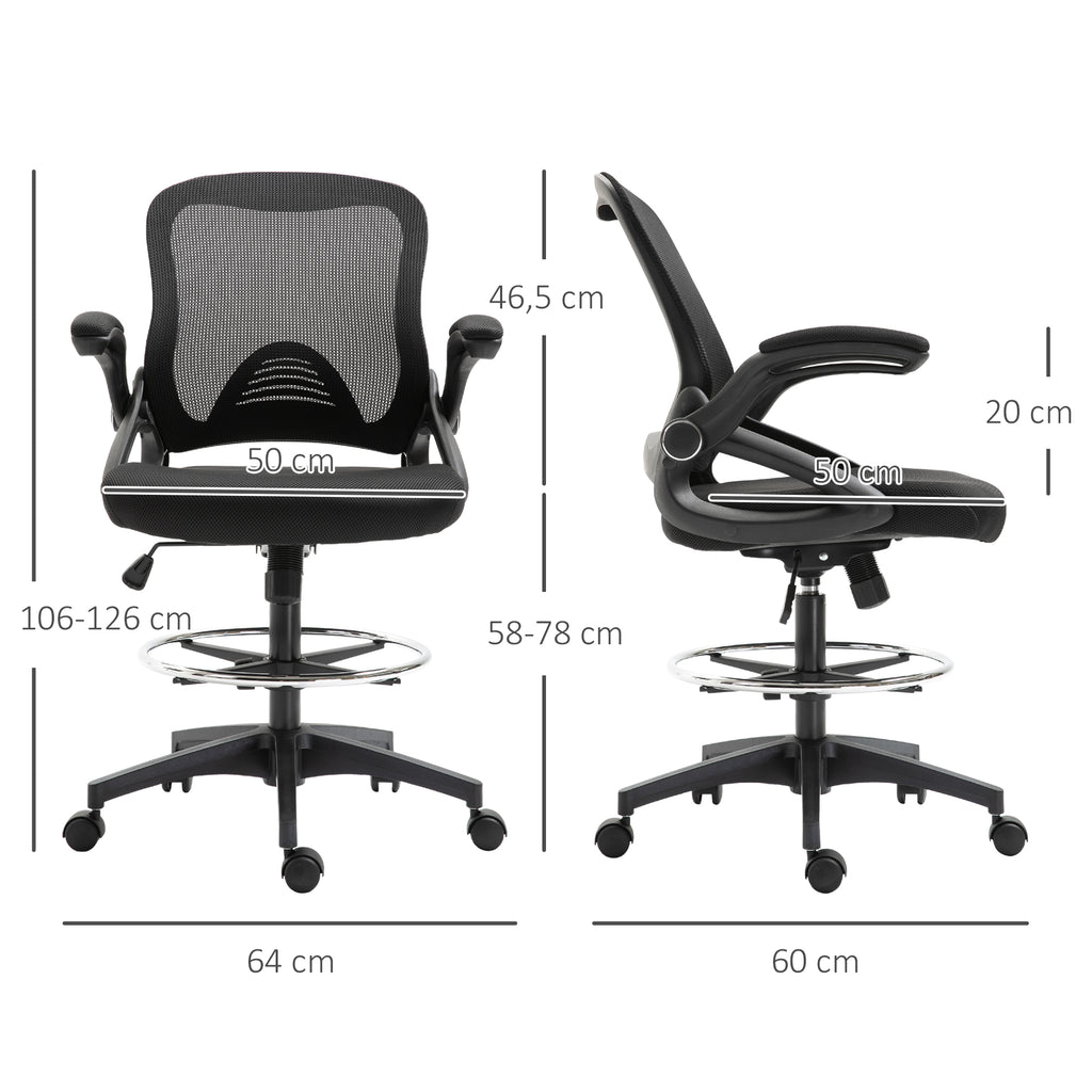 Chaise bureau ergonomique, fauteuil de bureau avec repose-pieds, chaise de dessin à dossier en maille, hauteur réglable, accoudoirs, assise rembourrée et pivotante 360°, noir-2
