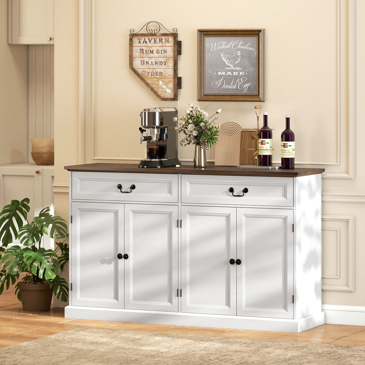 Buffet salon, meuble de rangement avec 4 portes, 2 tiroirs silencieux, étagères réglables, 140x40x85cm, blanc et marron-9
