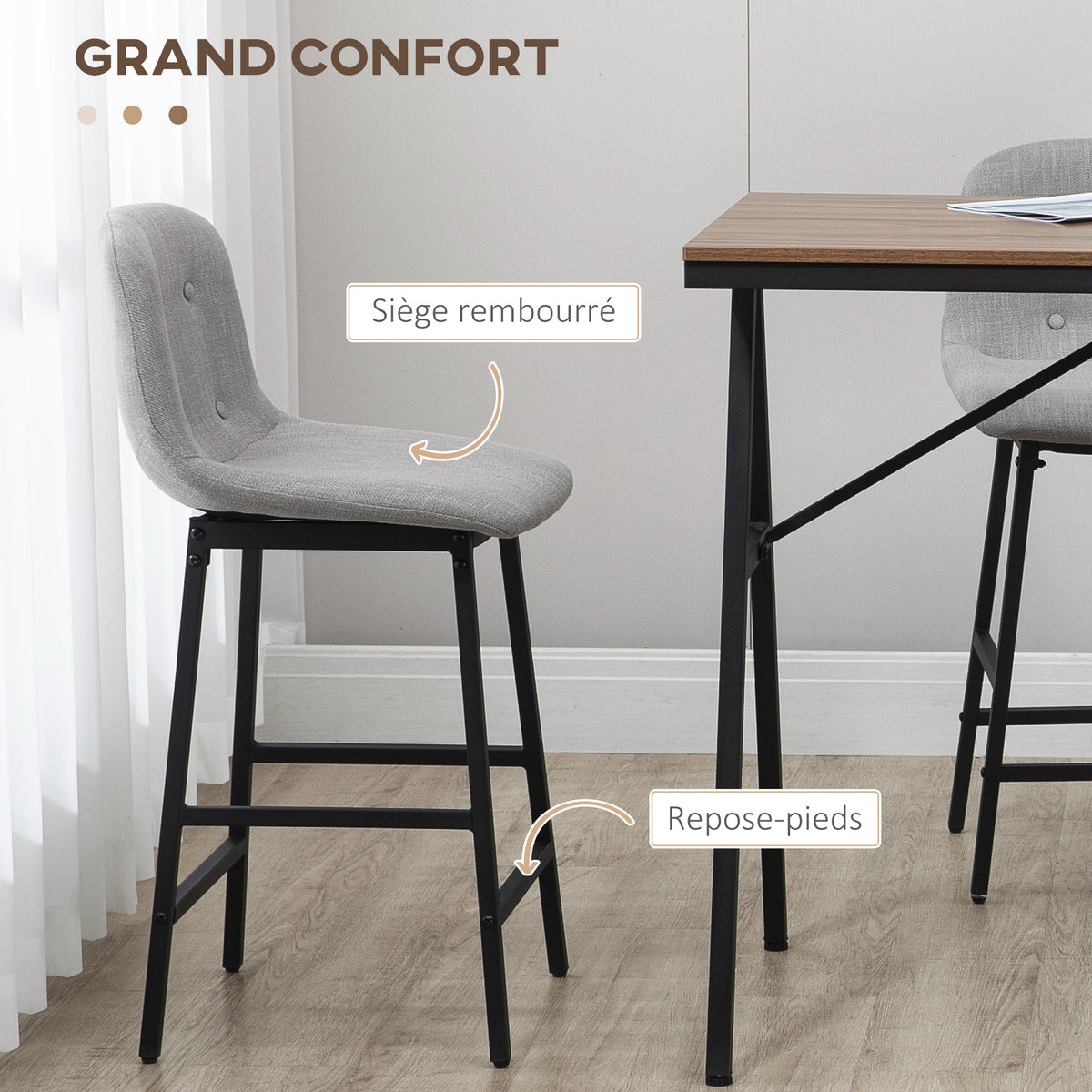 Ensemble table de bar avec tabourets table à manger debout avec 4 chaises rembourrées pieds en acier 120x60x91cm gris-4