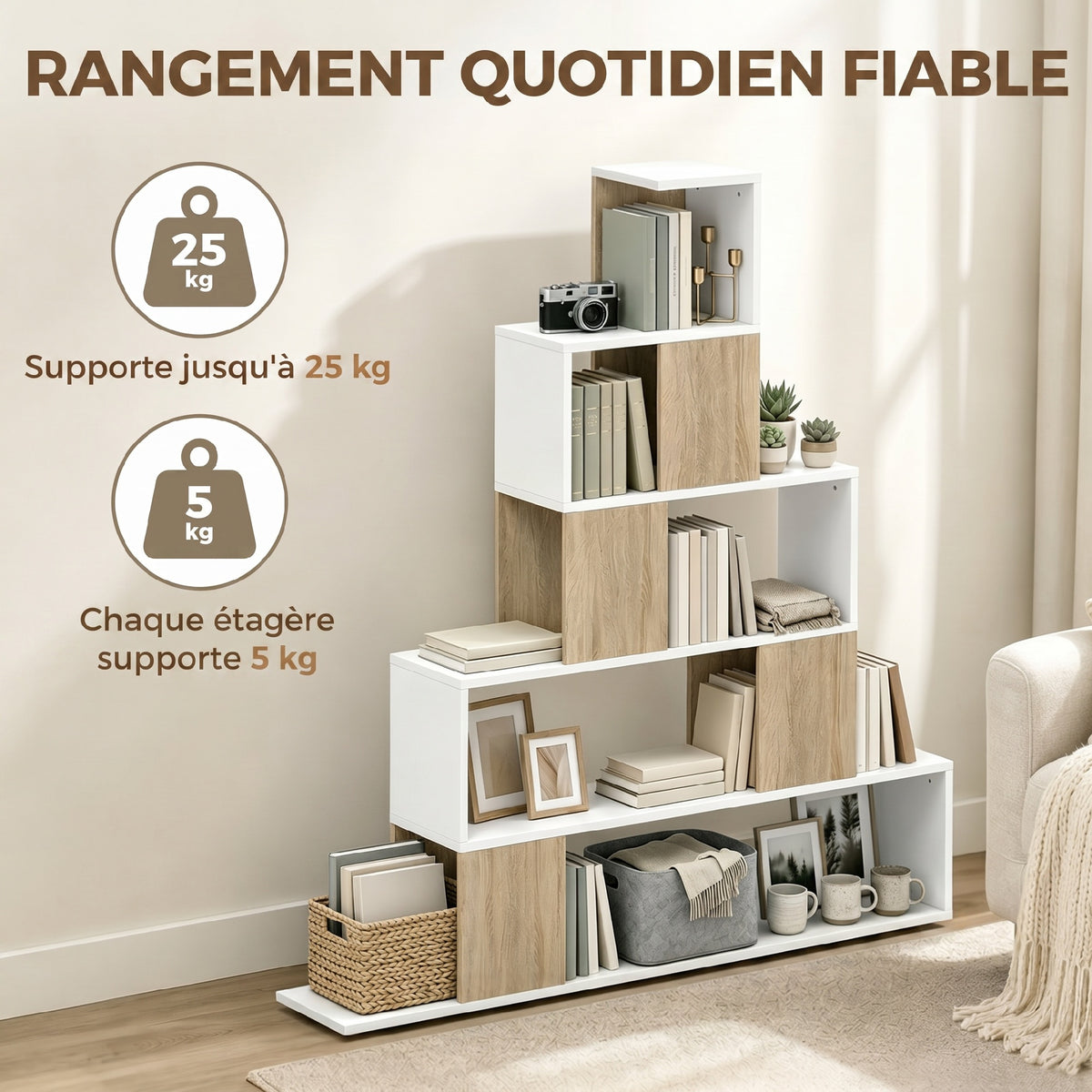 Étagère de rangement, bibliothèque géométrique à 5 niveaux, pour bureau, salon, chambre, blanc et bois naturel-5