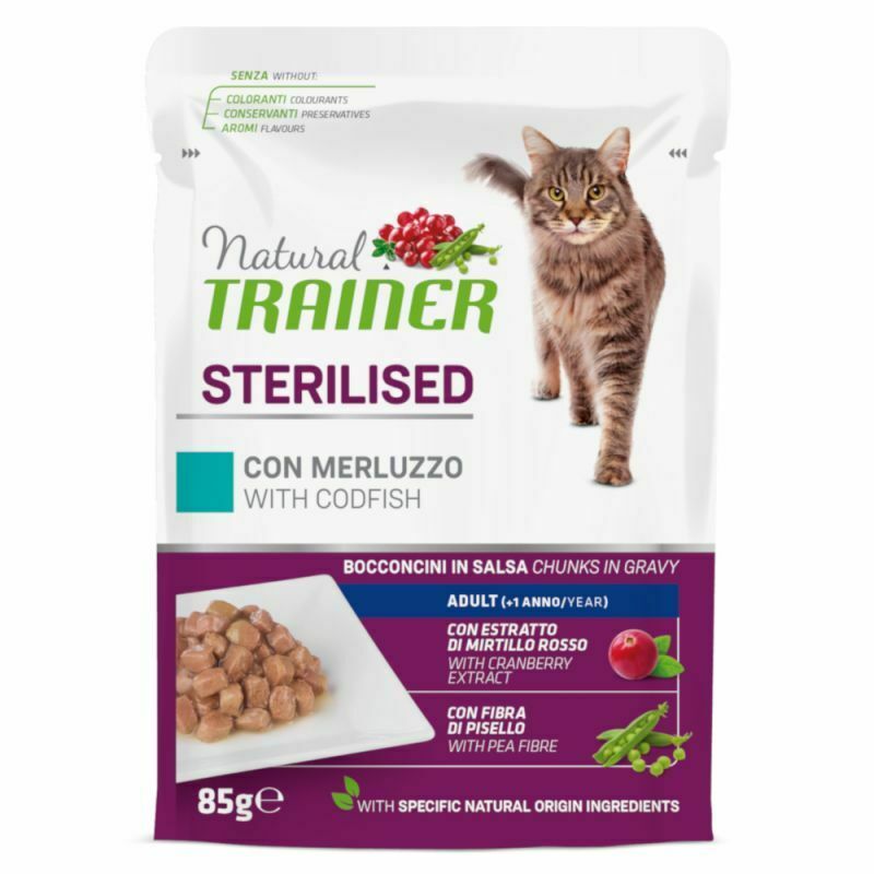 NATURAL TRAINER CAT ADULT STERILISED MERLUZZO 85 GR.