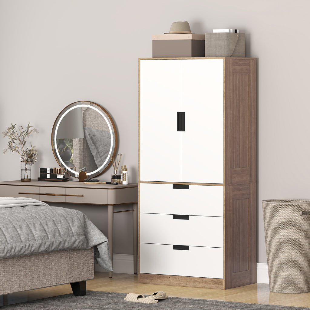 Armoire 2 portes, armoire moderne avec 3 tiroirs et tringle de suspension pour chambre à coucher, marron-7