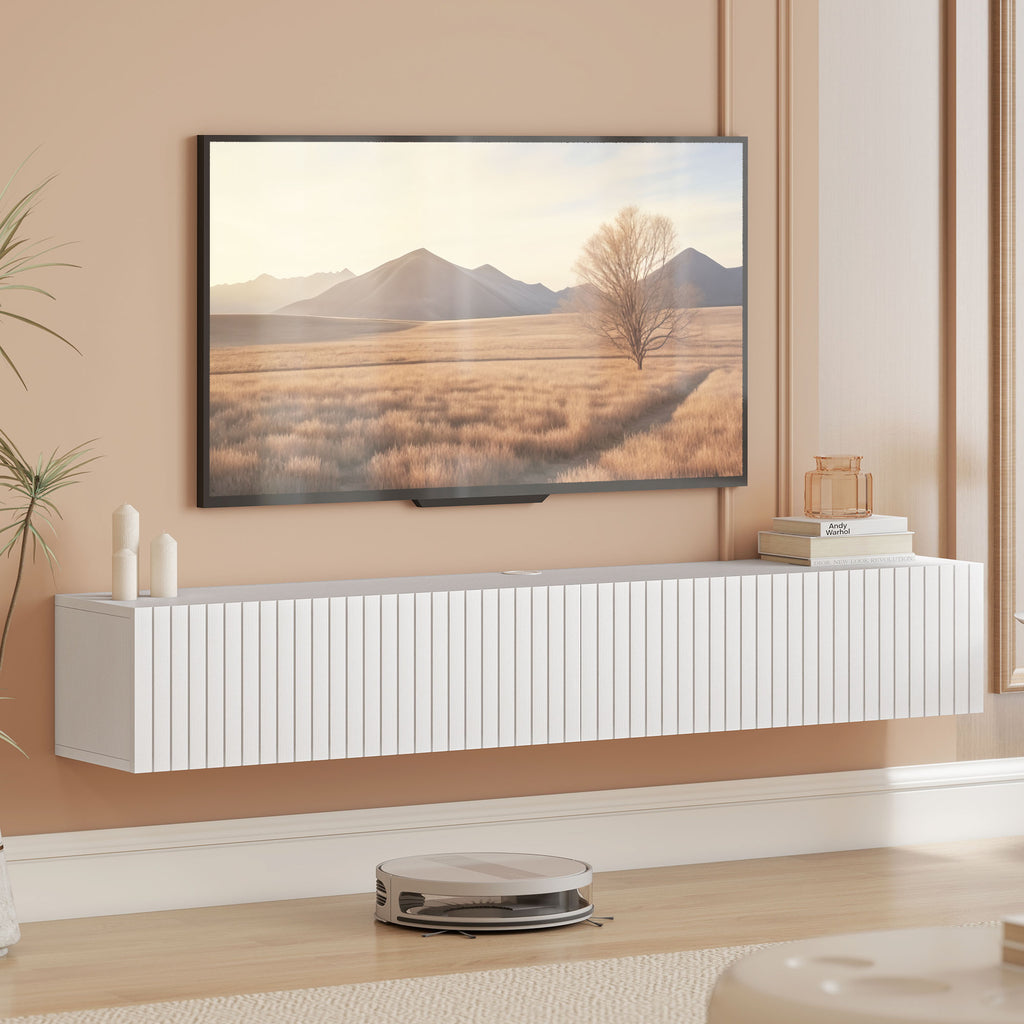Meuble TV suspendu 140cm, meuble télé pour téléviseur 72 pouces, 2 portes rabattables, 140x25x22cm, blanc-9