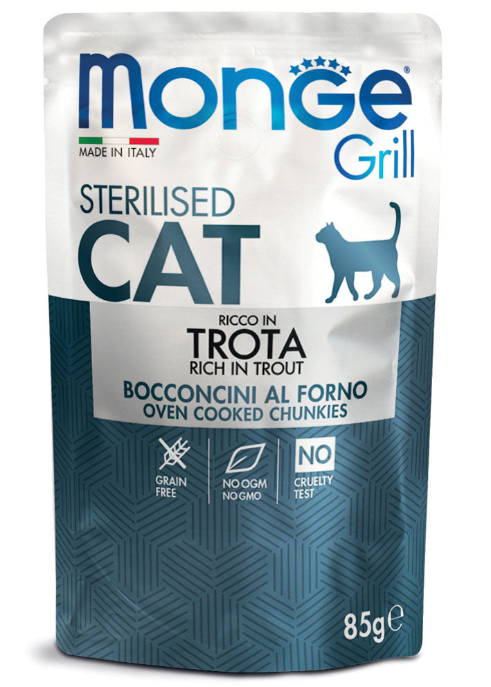 MONGE GRILL CAT STERILIZED BOCCONCINI IN JELLY TROTA 85 GR.