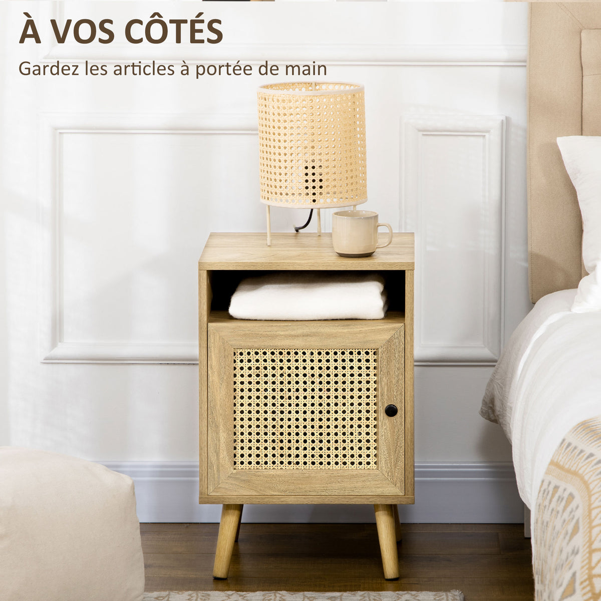 Table de chevet table de nuit avec placard porte cannage et niche design vintage 39 x 35 x 60 cm naturel-3