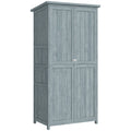Armoire de jardin, armoire extérieure de rangement en bois avec 2 portes verrouillables, 2 étagères et 10 crochets, gris-0