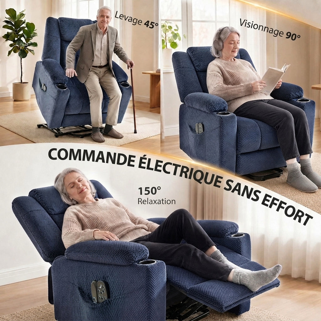 Fauteuil Releveur Électrique Massage Vibration et Chaleur, Fauteuil Relax Électrique en Velours, Dossier Inclinable Bleu-4