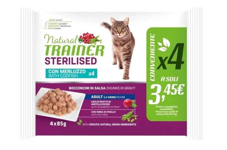 NATURAL TRAINER CAT ADULT STERILISED MERLUZZO MULTIPACK 4 x 85 GR.
