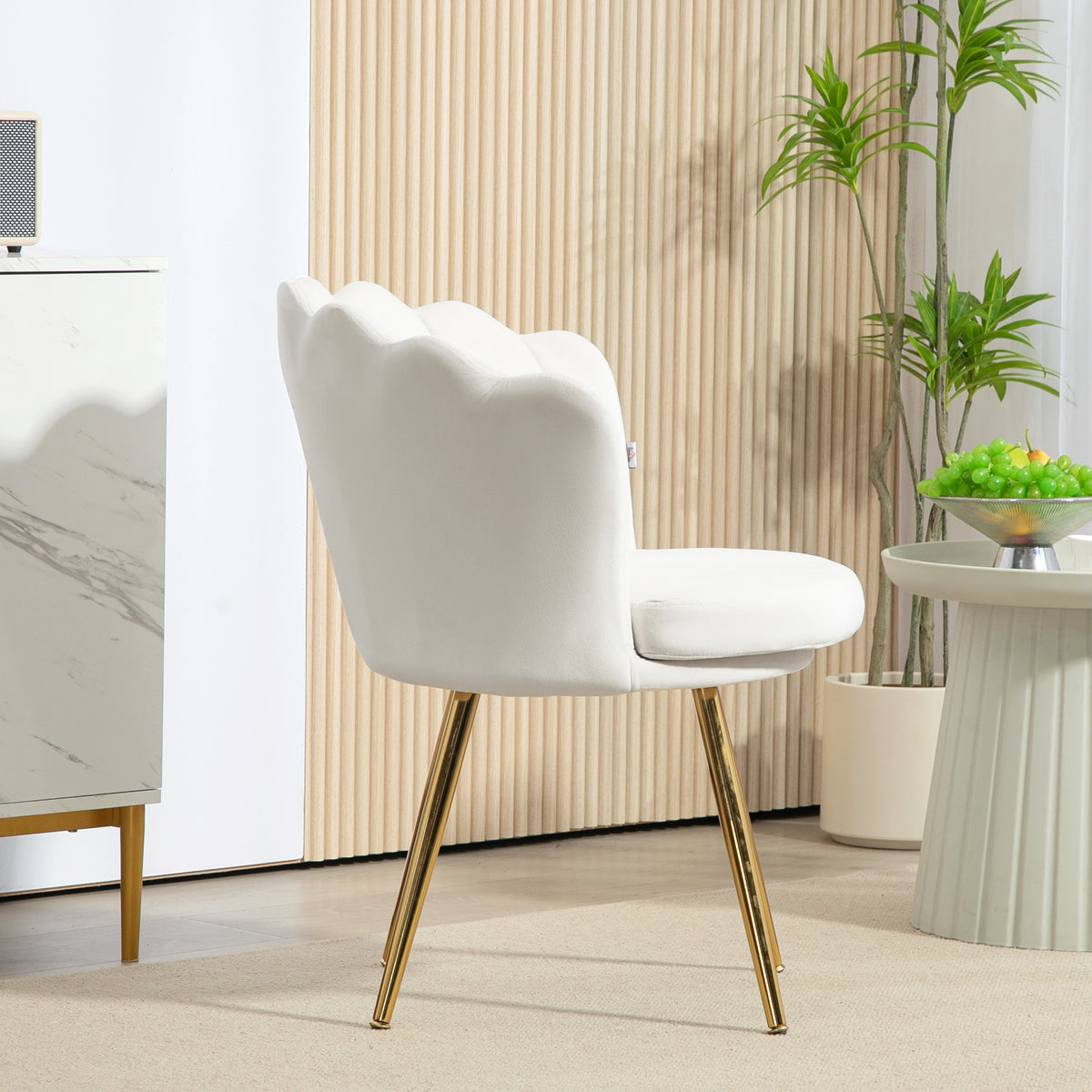 Fauteuil coquillage chaise coiffeuse fauteuil en velours fauteuil de salon avec pieds en métal doré crème-6
