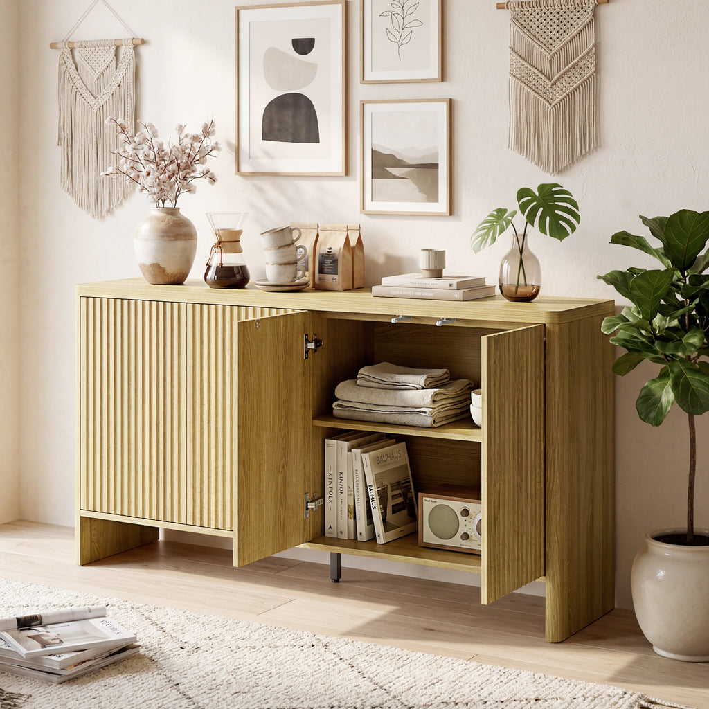 Buffet salon, meuble de rangement avec 4 portes rainurées, étagère réglable, ouverture par pression, 147x40x77cm, chêne-1