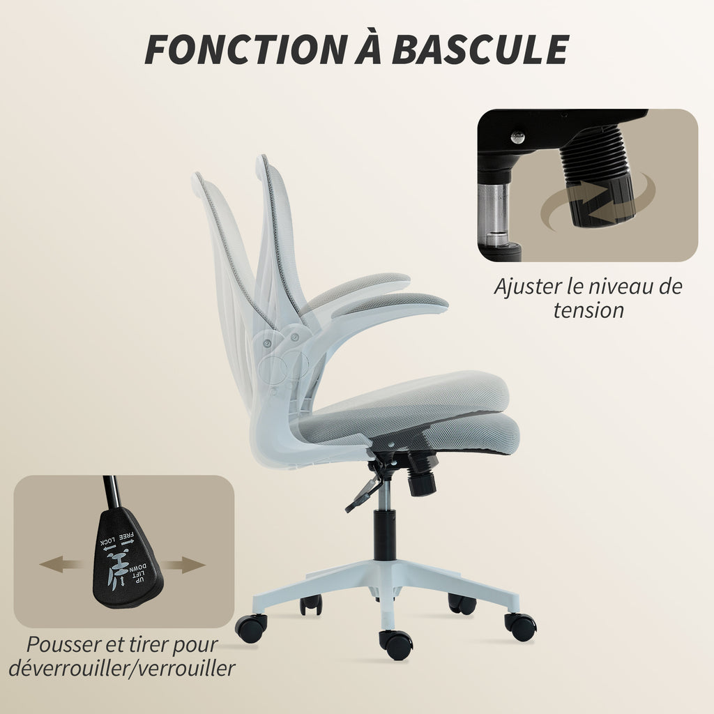 Chaise bureau ergonomique, fauteuil de bureau maille, dossier rabattable, accoudoirs relevables, 73x62x101-111cm, gris-6