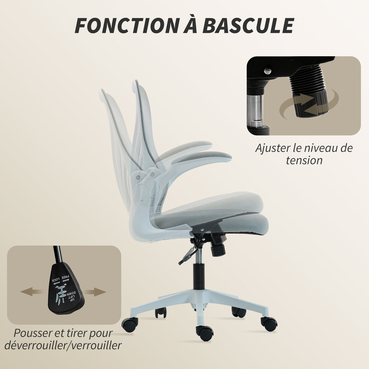 Chaise bureau ergonomique, fauteuil de bureau maille, dossier rabattable, accoudoirs relevables, 73x62x101-111cm, gris-6
