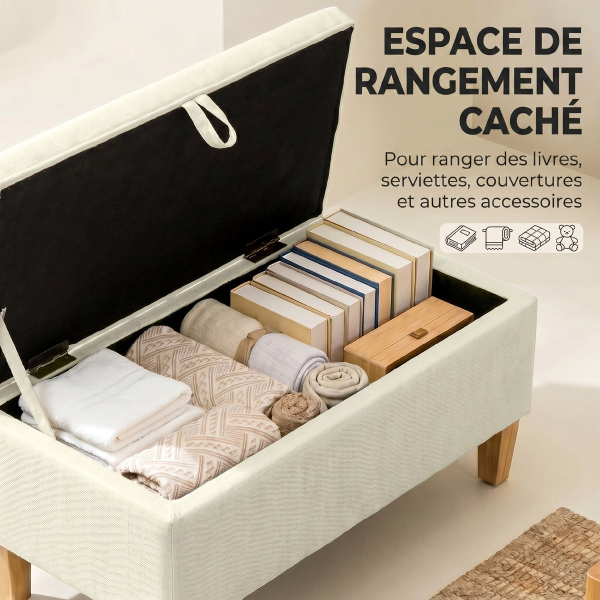 Banc de rangement, bout de lit, repose-pieds rembourré en lin avec pieds en bois de caoutchouc, 71x37x36cm, beige-3