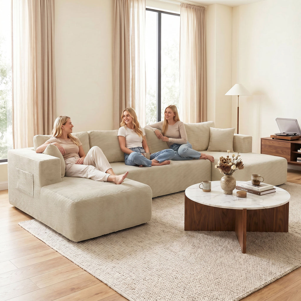 Canapé Modulaire en U Compressé 337 cm, Canapé Convertible 4 places en Velours Côtelé, Assise Large, Crème-9
