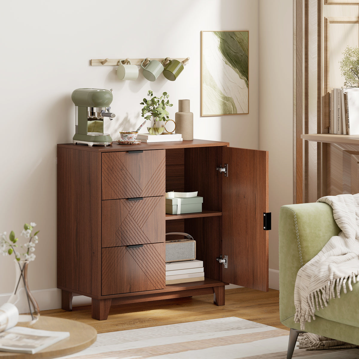 Buffet salon meuble de rangement avec placard à porte 3 tiroirs et étagère réglable 75 x 39 x 80 cm, effet bois marron-1