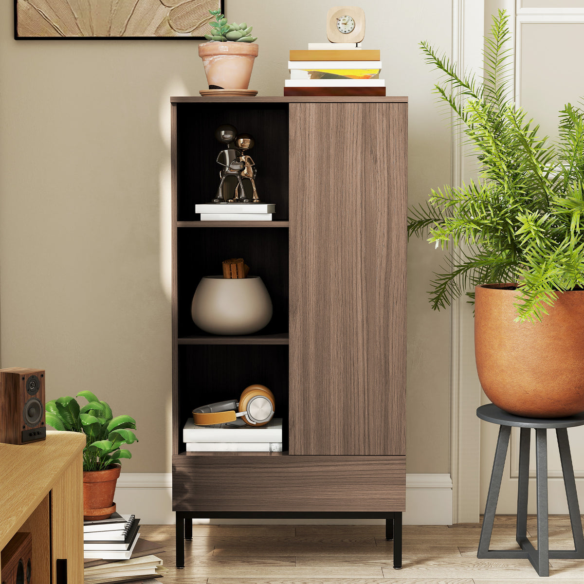Buffet meuble de rangement avec placard à portes, tiroir, 3 compartiments ouverts et étagères réglables, gris-7