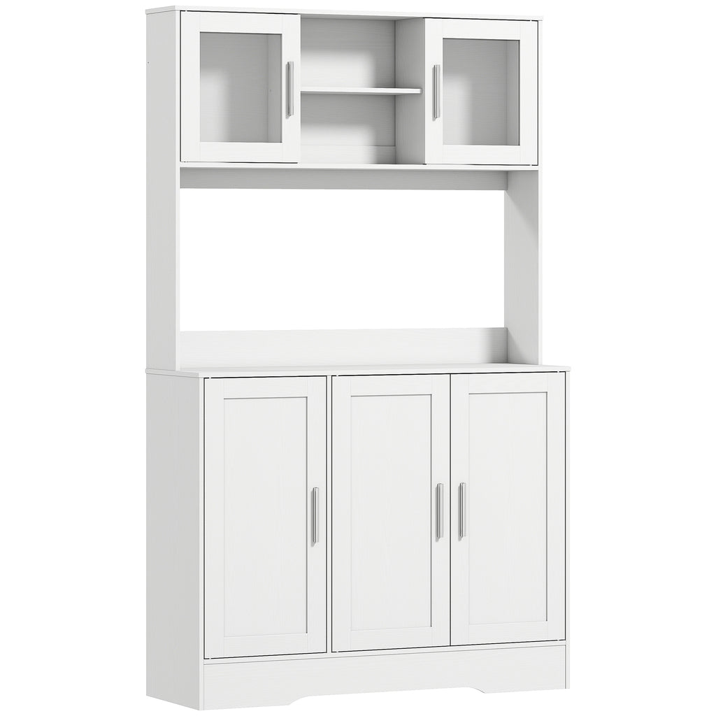 Armoire de cuisine scandinave avec placards, compartiments ouverts, portes vitrées et plan de travail, blanc-0