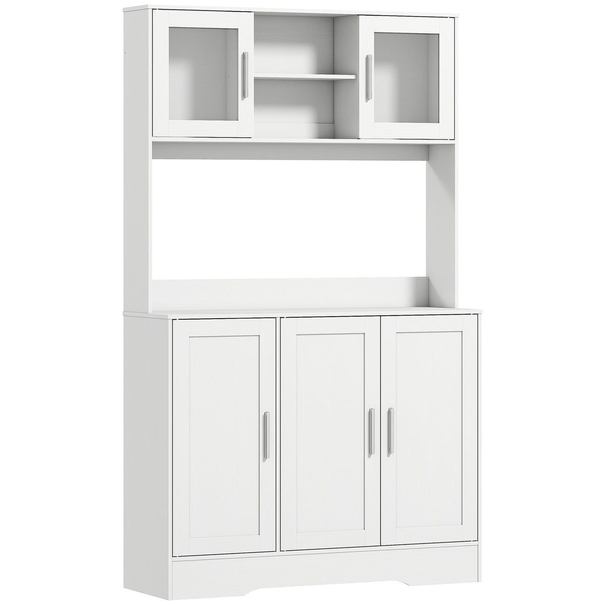 Armoire de cuisine scandinave avec placards, compartiments ouverts, portes vitrées et plan de travail, blanc-0