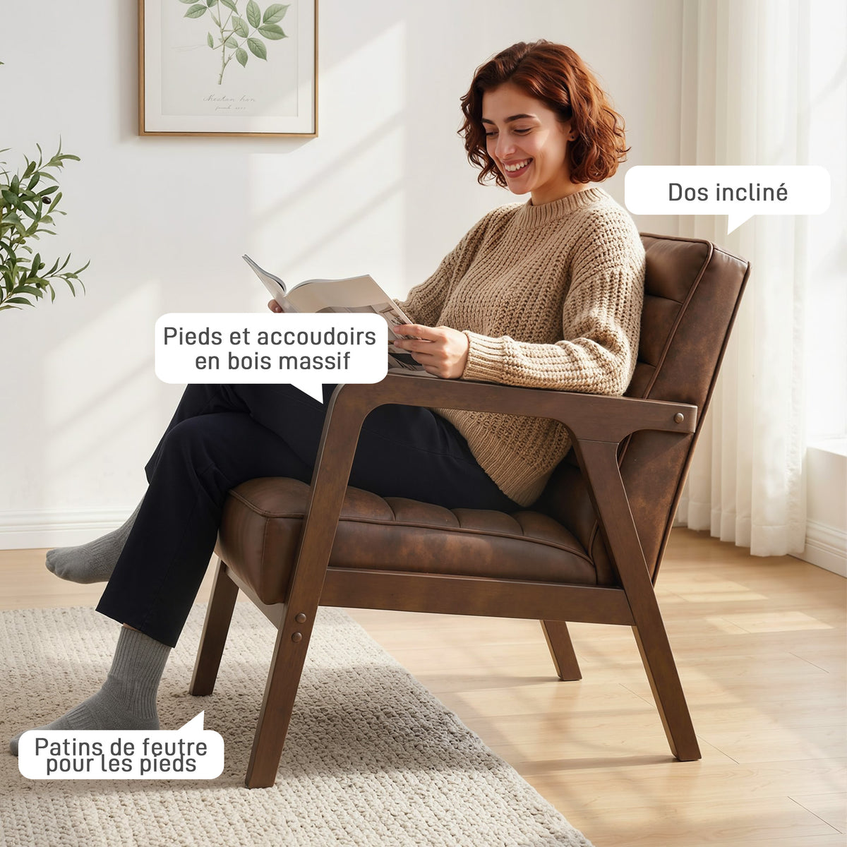 Fauteuil salon, fauteuil d'appoint rembourré en PU avec large assise, coussin épais et structure en bois massif, marron-6