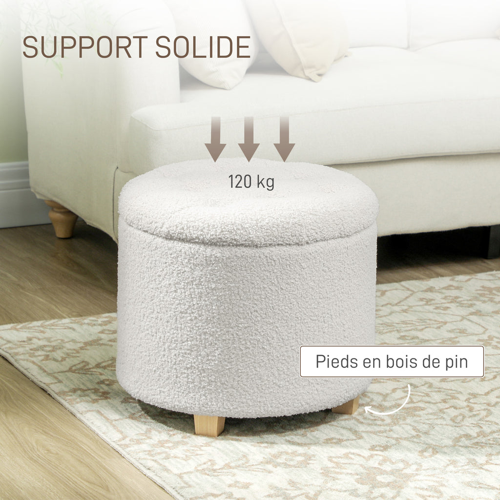 Pouf coffre rangement, tabouret rond, pouf repose-pieds en tissu bouclette, charge 120 Kg, Ø 45 x 41 cm, blanc-5