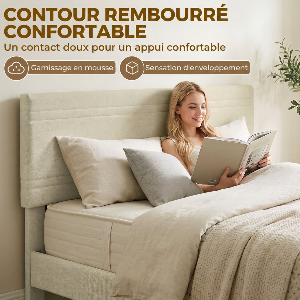 Cadre de Lit 160 x 200 cm avec Sommier en Bois, Rembourré en Effet Lin, Cadre en Acier, 9 Pieds Robustes, Beige-3