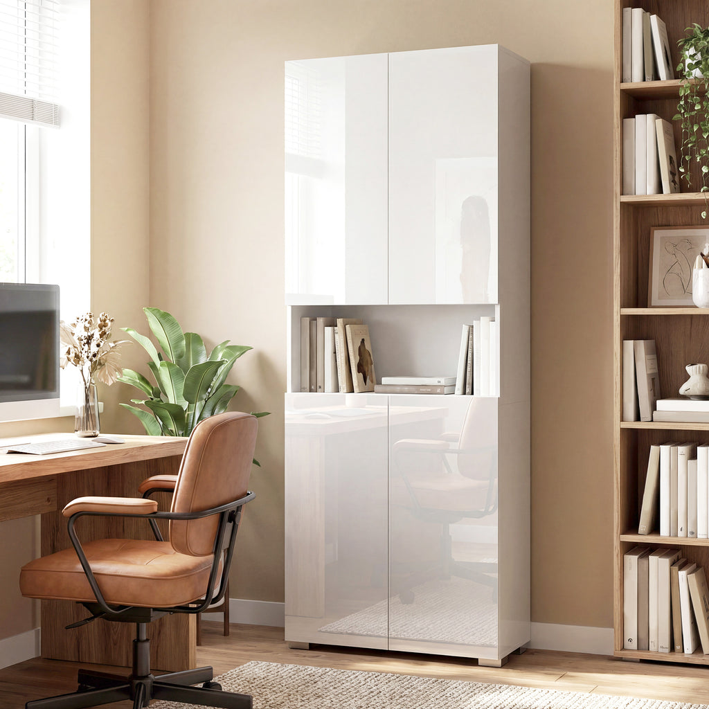 Buffet haut cuisine, armoire de cuisine, 4 portes à fermeture douce et étagères réglables, 68x34x180cm, blanc brillant-8