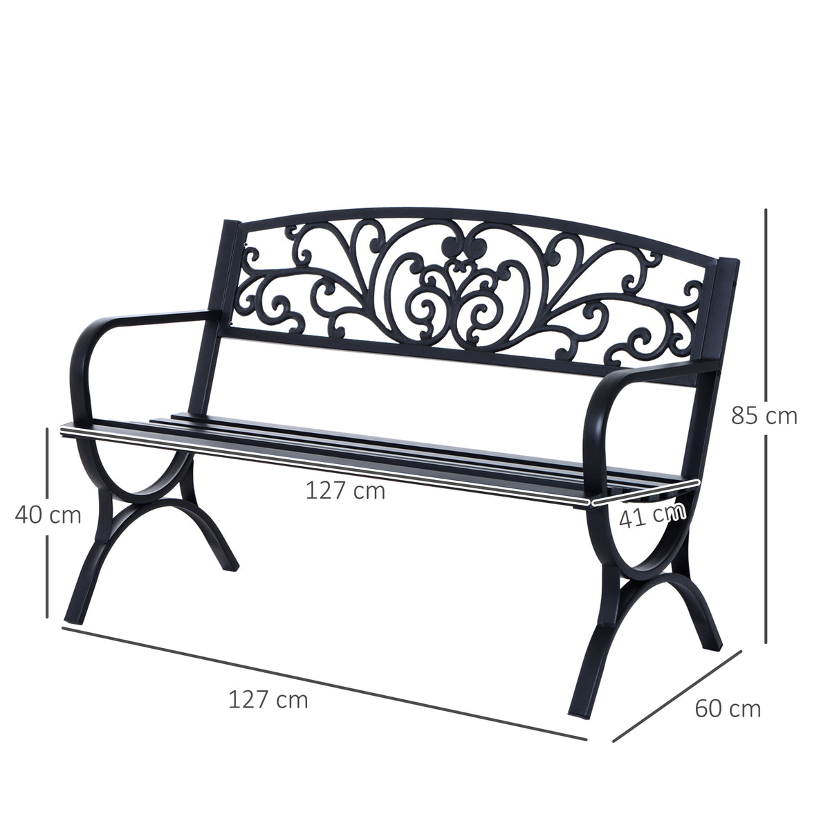 Banc de jardin terrasse en acier fonte noir 3 places 127 x 60 x 85 cm charge max 240 Kg-2