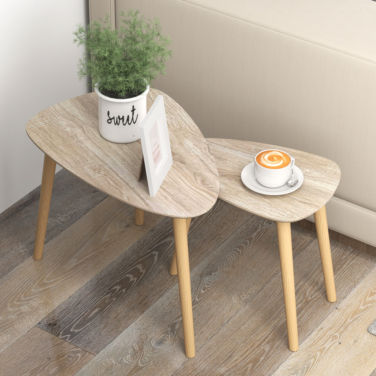 Lot de 2 tables basses gigognes design scandinave pieds en bois et plateau en bois, aspect naturel-7