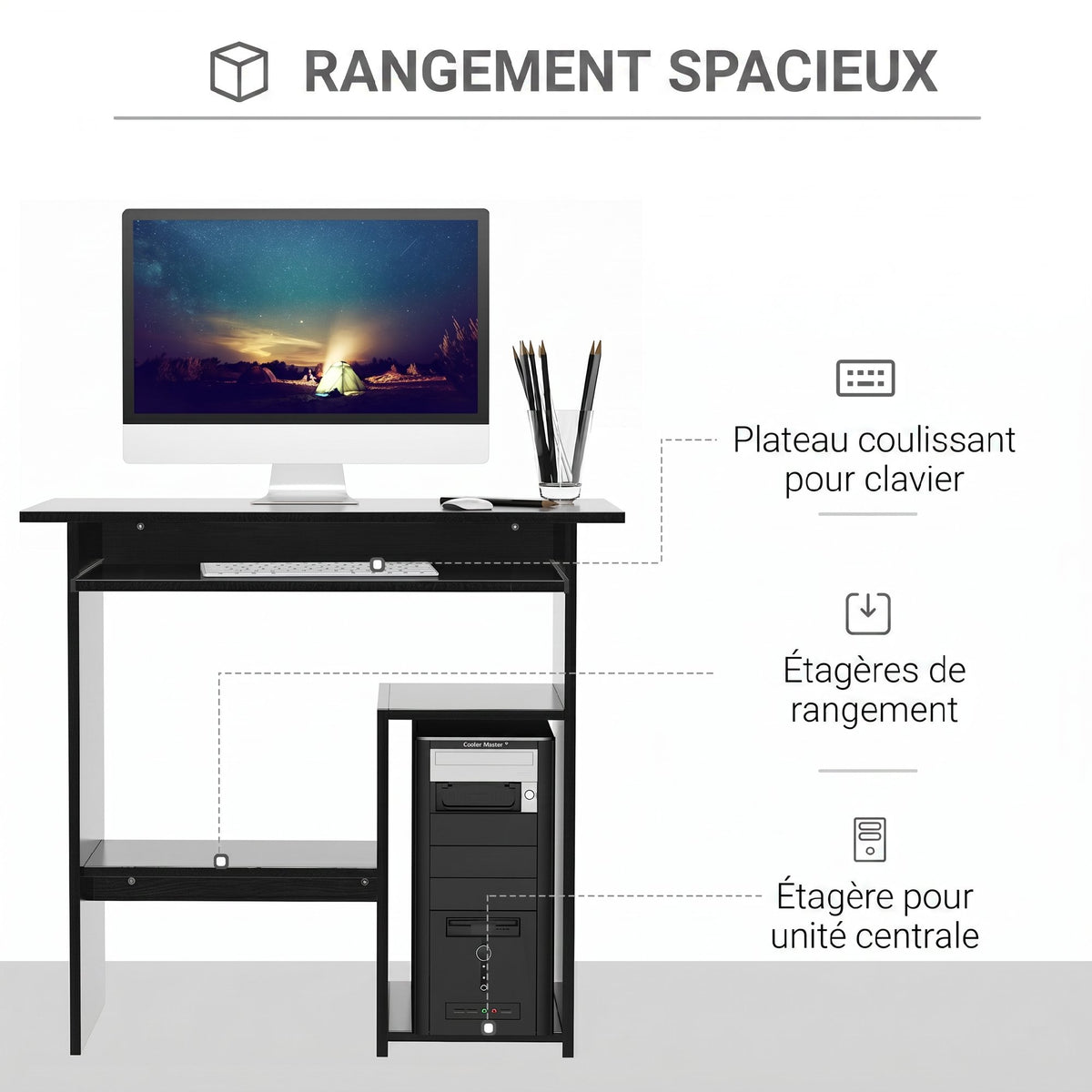 Bureau d'ordinateur, bureau avec rangement, plateau pour clavier et support de moniteur, 80 x 45 x 75 cm, noir-3