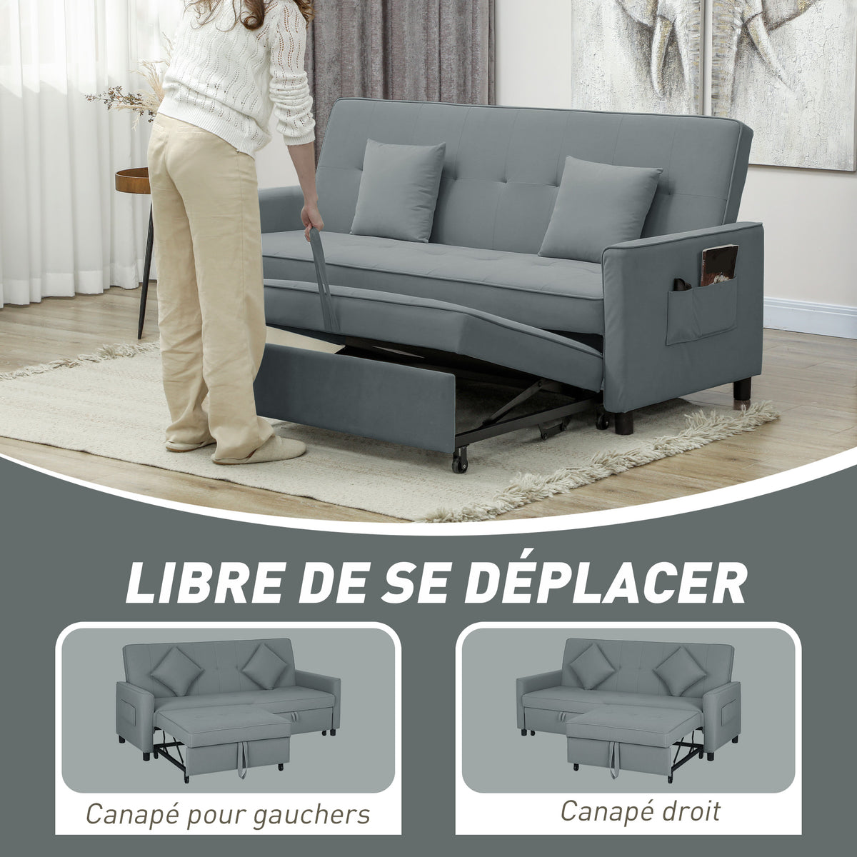 Canapé convertible 3 places canapé-lit clic-clac réversible avec dossier réglable et coussins, 196 x 90 x 89 cm, gris-4