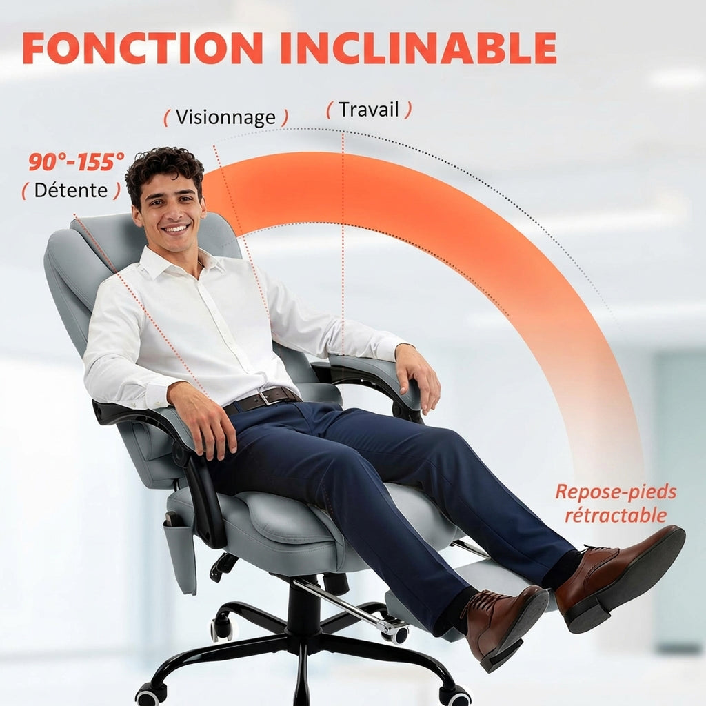 Fauteuil de bureau massant, chaise de bureau avec hauteur réglable, dossier inclinable et télécommande filaire, gris-4