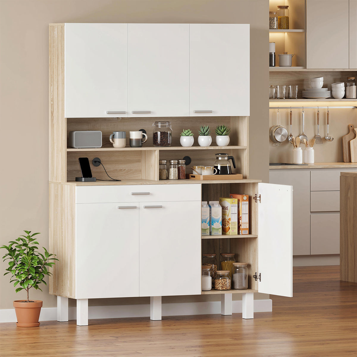 Buffet haut cuisine, armoire de cuisine, 6 portes, tiroir et étagères ouvertes, 120x40x175cm, blanc et bois naturel-7