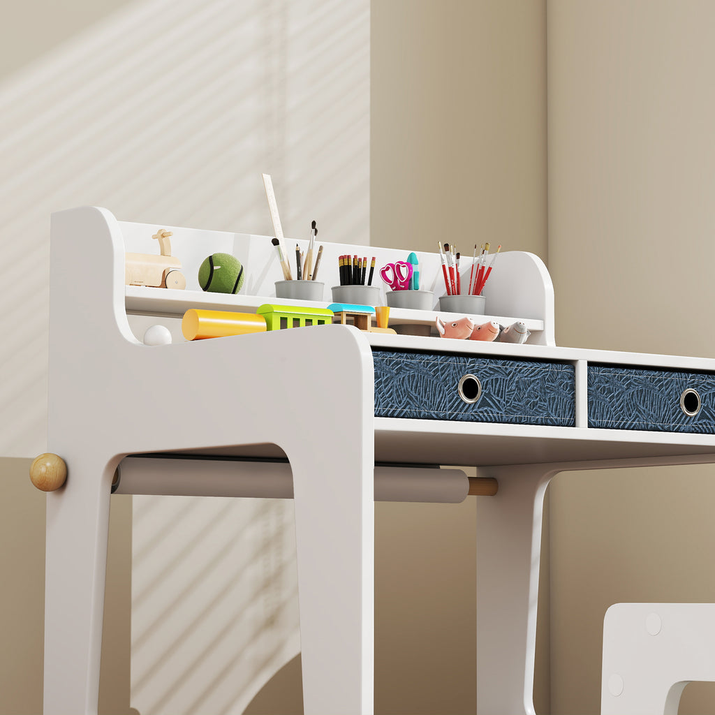 Bureau enfant avec chaise, table enfant et chaise avec 2 tiroirs en tissu et porte-gobelet, 62,8x55,6x73,8cm, blanc-8