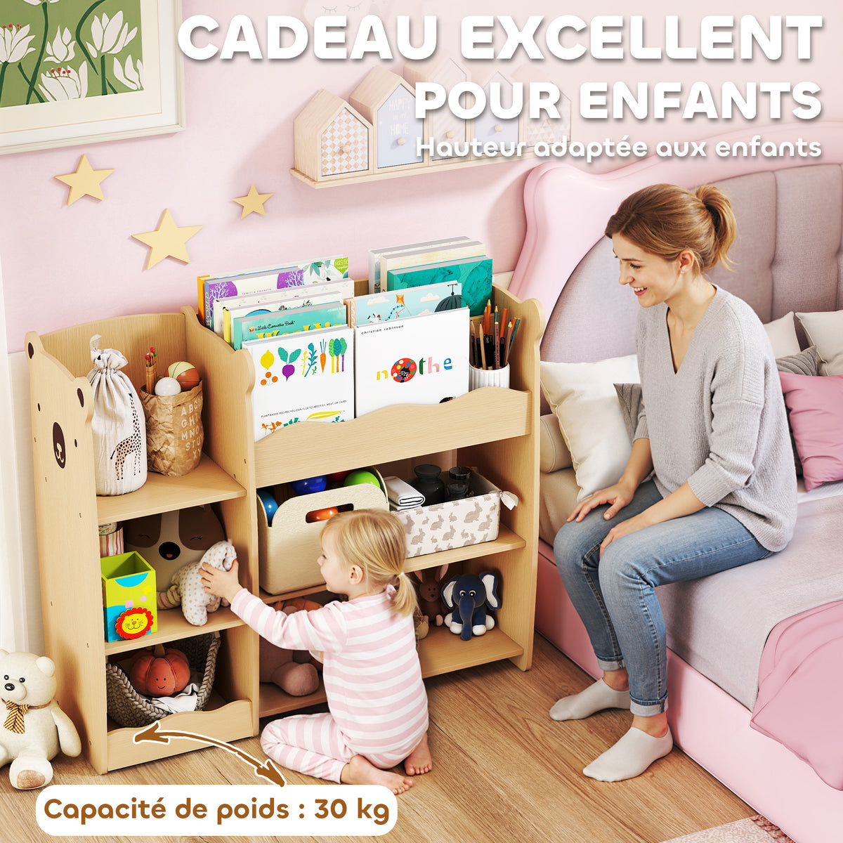 Meuble rangement enfant 3 niveaux, étagère de rangement pour jouets enfants avec étagères ouvertes, 92x29x79cm, naturel-6