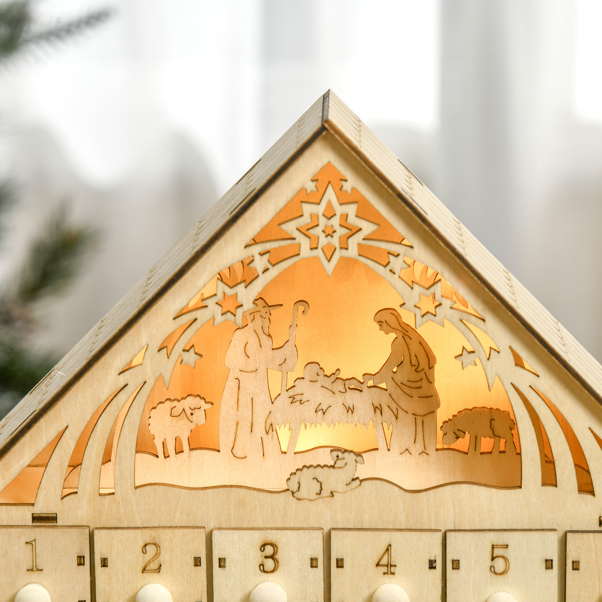 Calendario dell’Avvento in legno con 24 cassetti e presepe LED