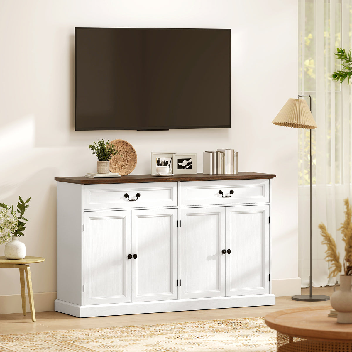 Buffet salon, meuble de rangement avec 4 portes, 2 tiroirs silencieux, étagères réglables, 140x40x85cm, blanc et marron-7