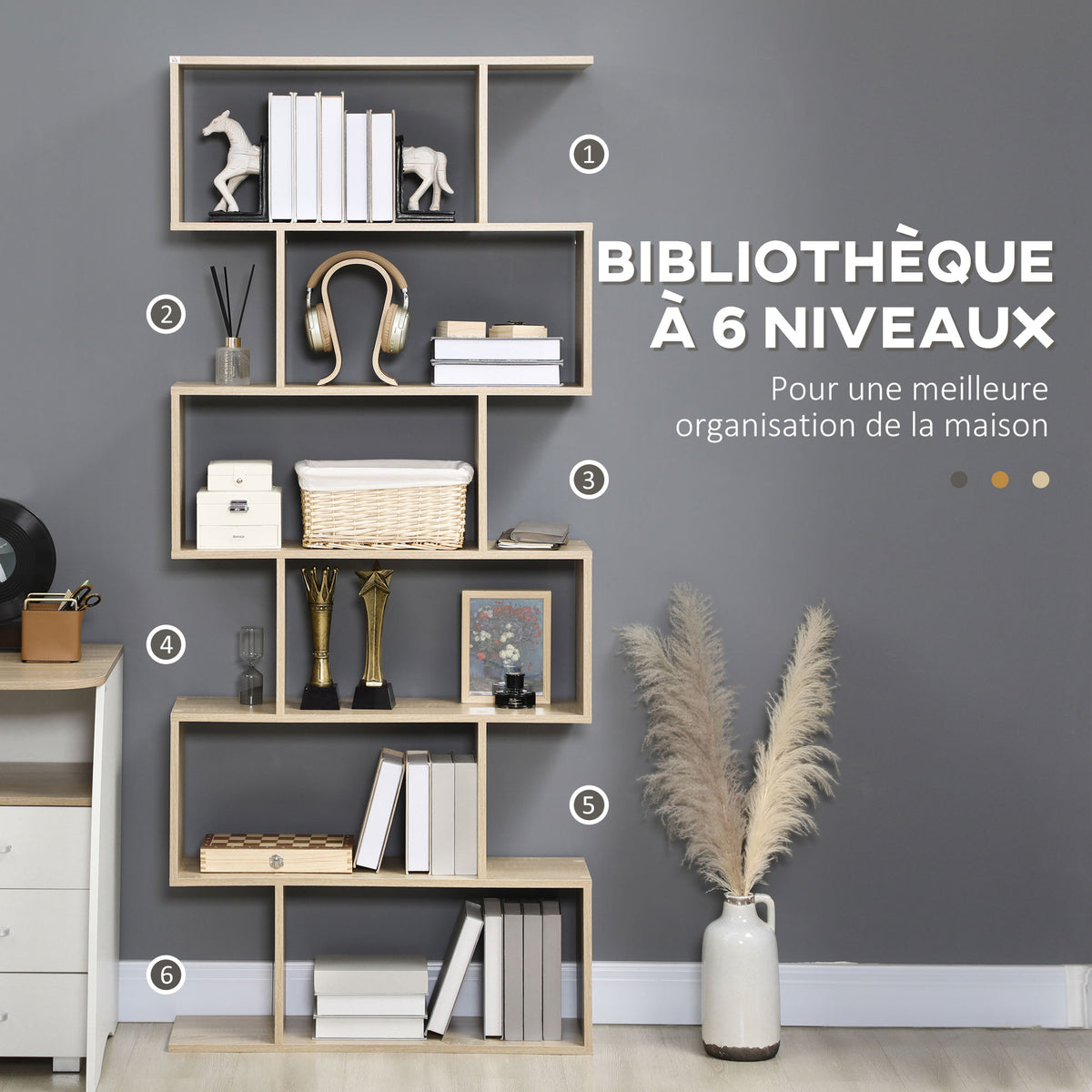 Bibliothèque étagère Zig zag Design Contemporain 80L x 23l x 192H cm 6 Niveaux Coloris chêne Clair-3
