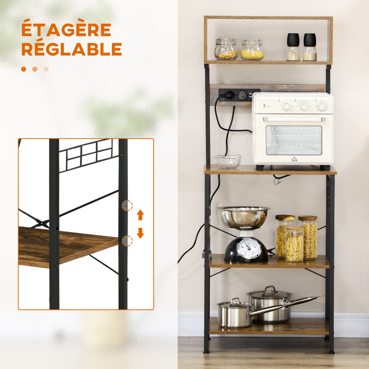 Étagère de cuisine support pour micro-ondes avec 2 chargeurs USB et 2 prise de courant, 5 crochets et étagère réglable-4