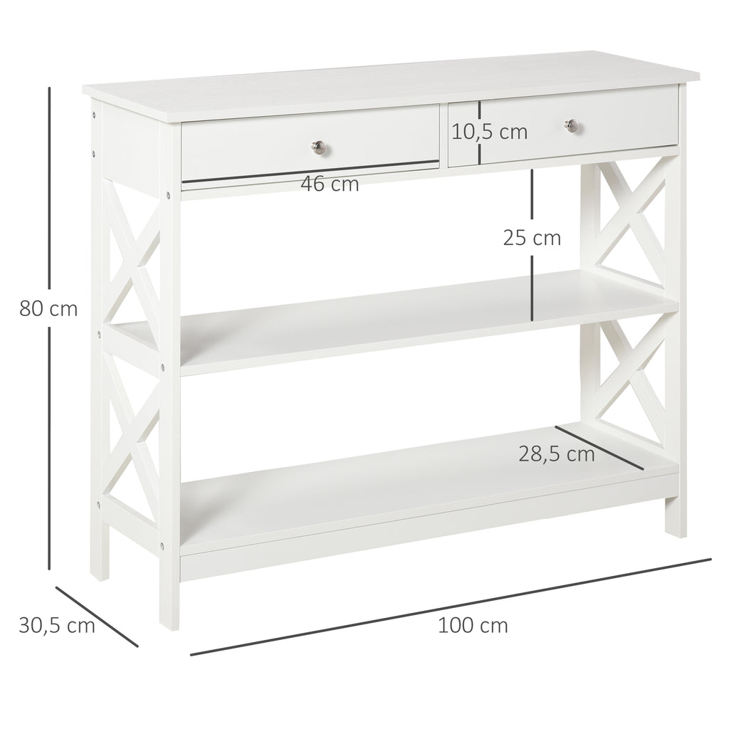 Table de console table d'entrée style table de drapier néo-rétro 2 tiroirs 2 étagères dim. 100L x 30,5l x 80H cm en bois blanc-2