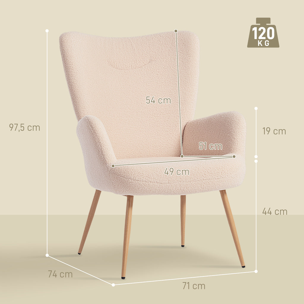 Fauteuil salon, fauteuil d'appoint rembourré en tissu bouclette avec haut dossier et accoudoirs, 71x74x97,5cm, beige-2