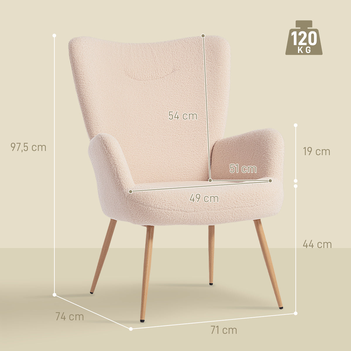 Fauteuil salon, fauteuil d'appoint rembourré en tissu bouclette avec haut dossier et accoudoirs, 71x74x97,5cm, beige-2