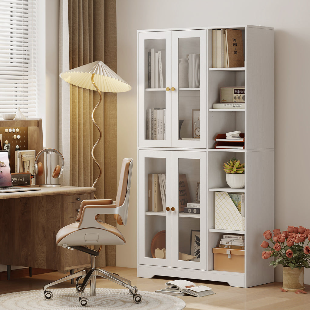 Buffet haut cuisine, vaisselier vitrine avec 4 portes à fermeture douce en verre trempé, 90x35x172cm, blanc-9