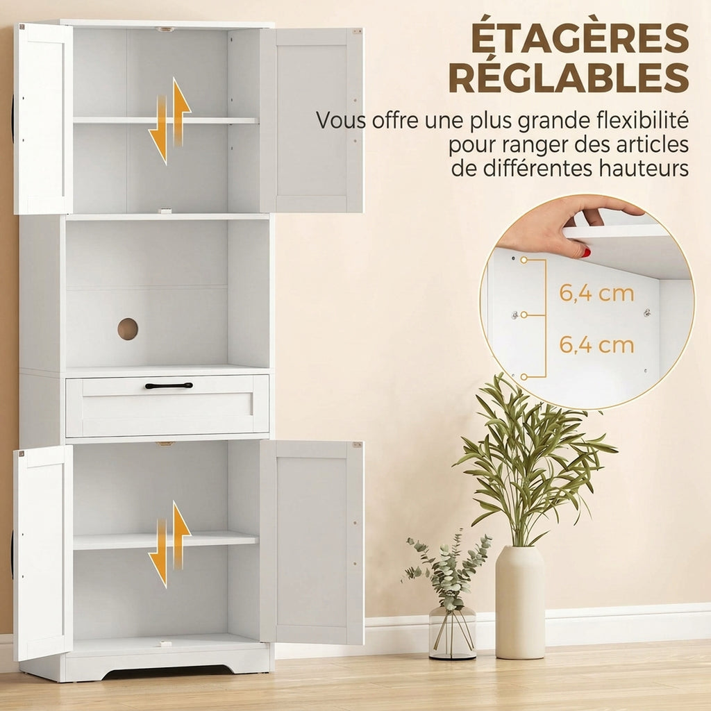 Buffet Haut Cuisine, Armoire Cuisine, 4 Portes à Fermeture Douce, Tiroir, Compartiment Ouvert, Étagères Réglables, Blanc-4