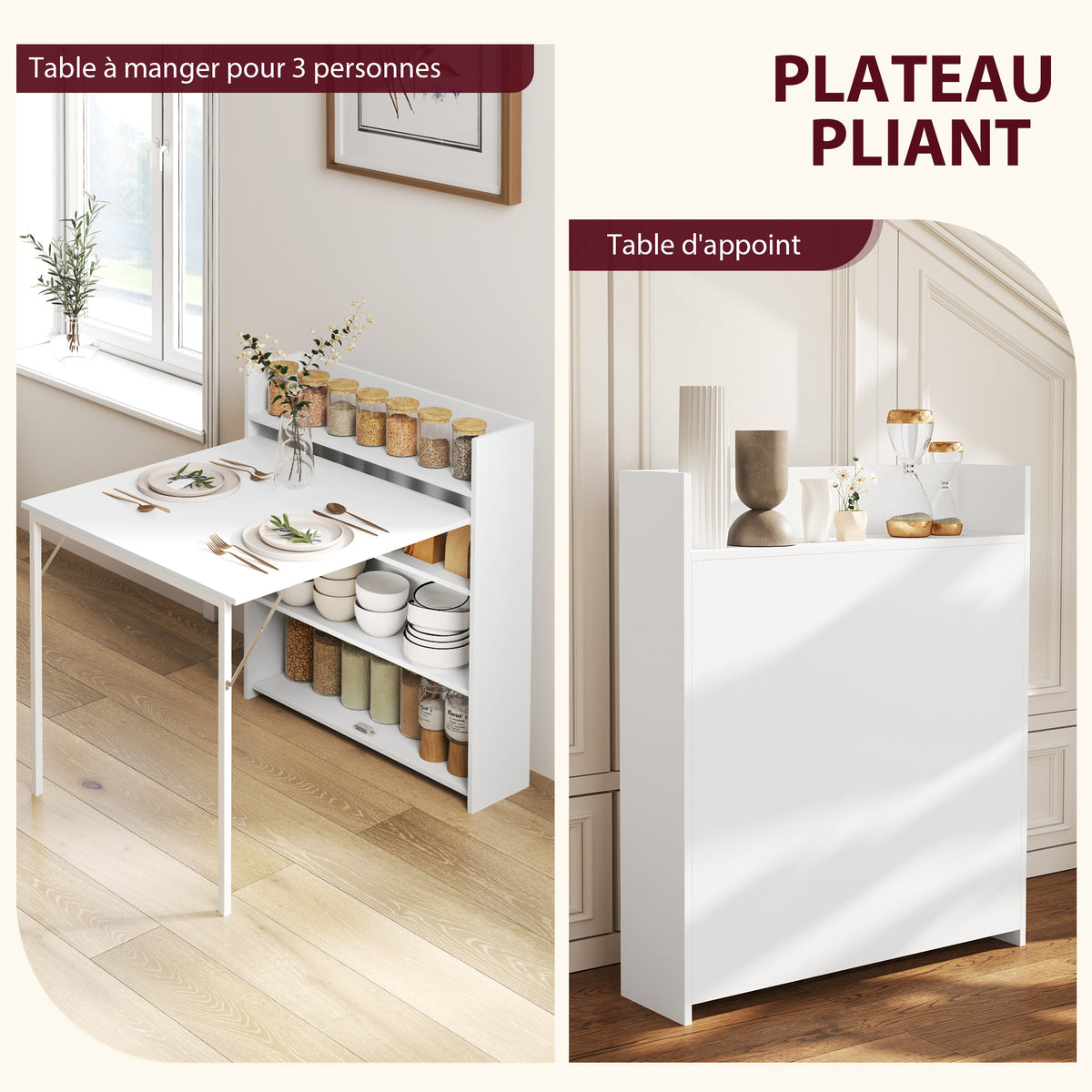 Table à manger pliante, table de cuisine pour 3 personnes, plateau à abattant et 4 étagères, 78,5x91x93cm, blanc-3